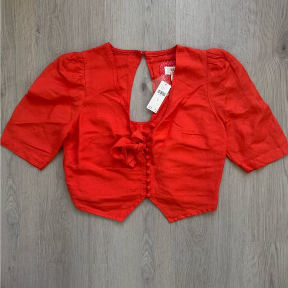 Anthropologie Tops - NWT MAEVE ANTHROPOLOGIE Coral Short Sleeve Linen Tie Front Crop Top Size 4 NWT